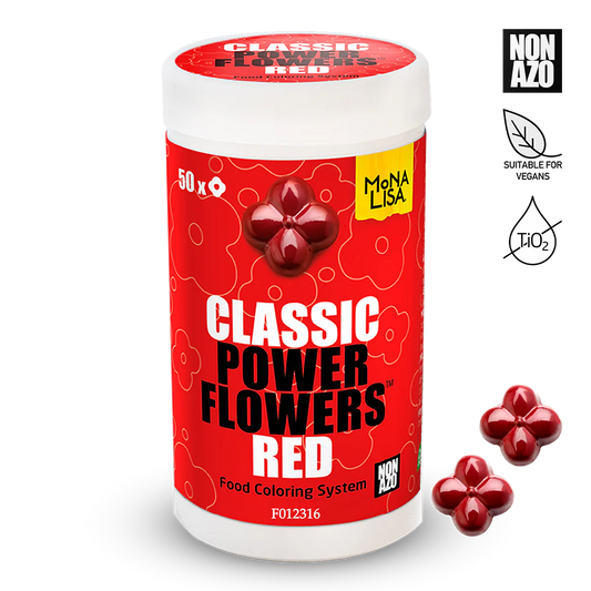 Mona Lisa Classic Power Flowers Red food coloring system container with red flowers on a white background