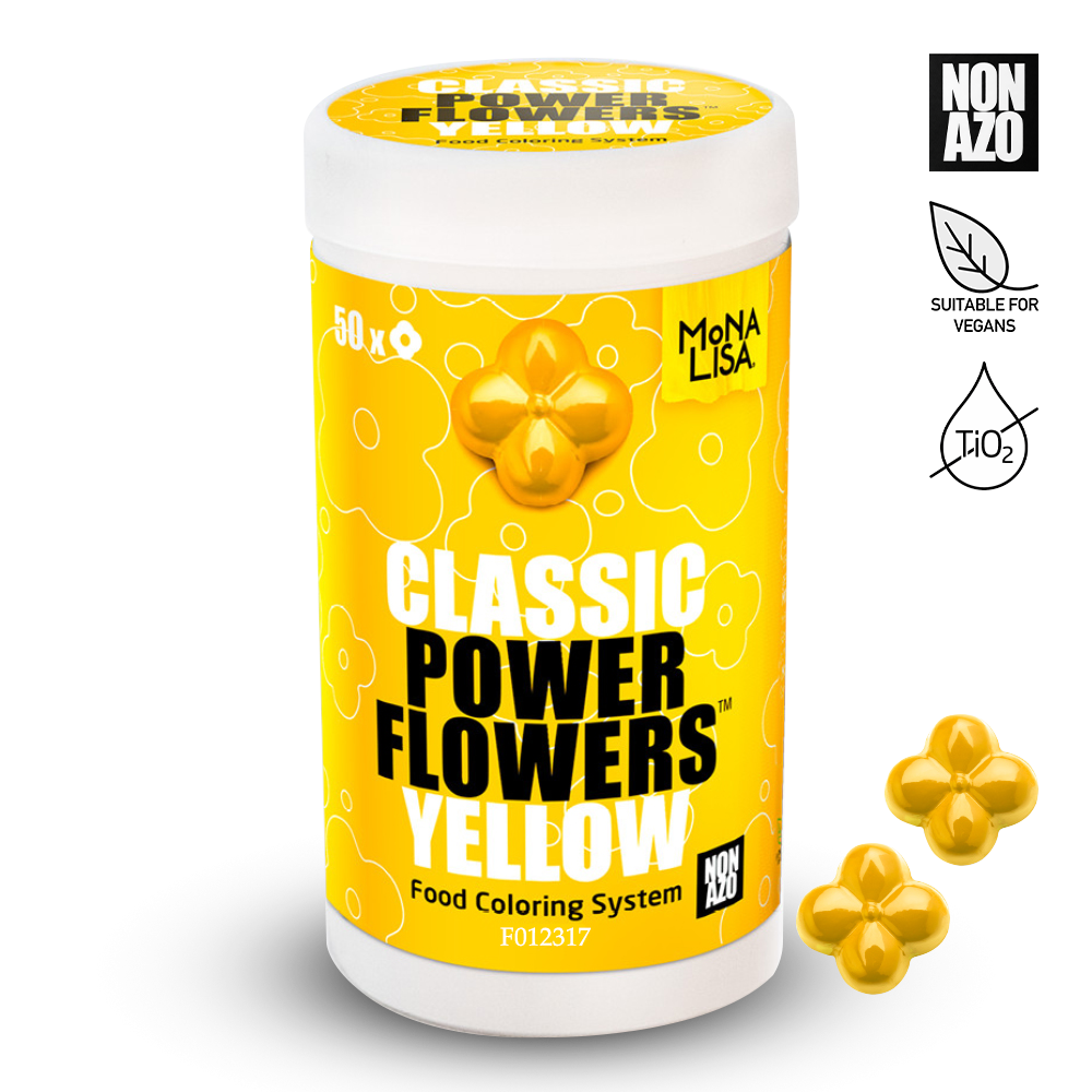 Yellow container of 'Classic Power Flowers Yellow' food coloring system by Mona Lisa on a white background.