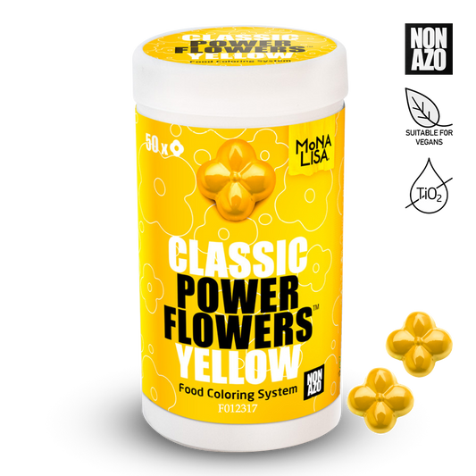 Yellow container of 'Classic Power Flowers Yellow' food coloring system by Mona Lisa on a white background.
