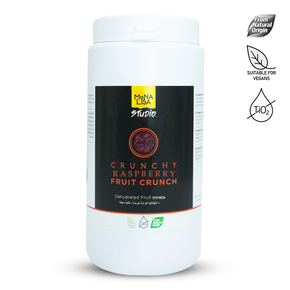 Container of crunchy raspberry fruit crunch with Mona Lisa Studio branding on a white background