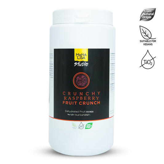 Container of crunchy raspberry fruit crunch with Mona Lisa Studio branding on a white background