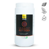 Container of crunchy raspberry fruit crunch with Mona Lisa Studio branding on a white background