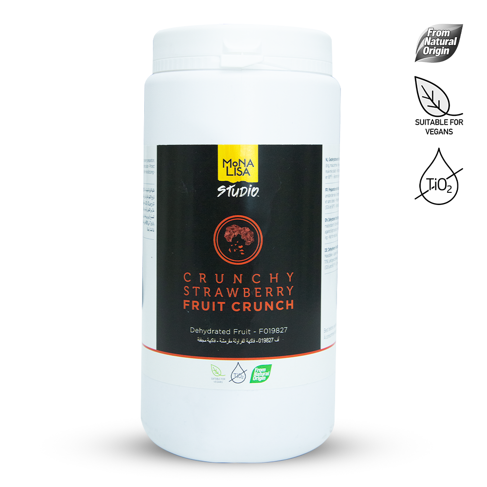 Jar of 'Crunchy Strawberry Fruit Crunch' with Mona Lisa Studio branding on a white background