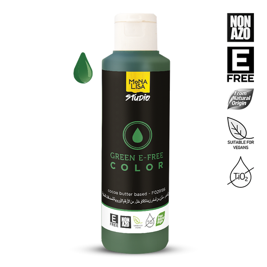 Green bottle of Mona Lisa Studio Green E-Free Color with branding and certification logos on a white background