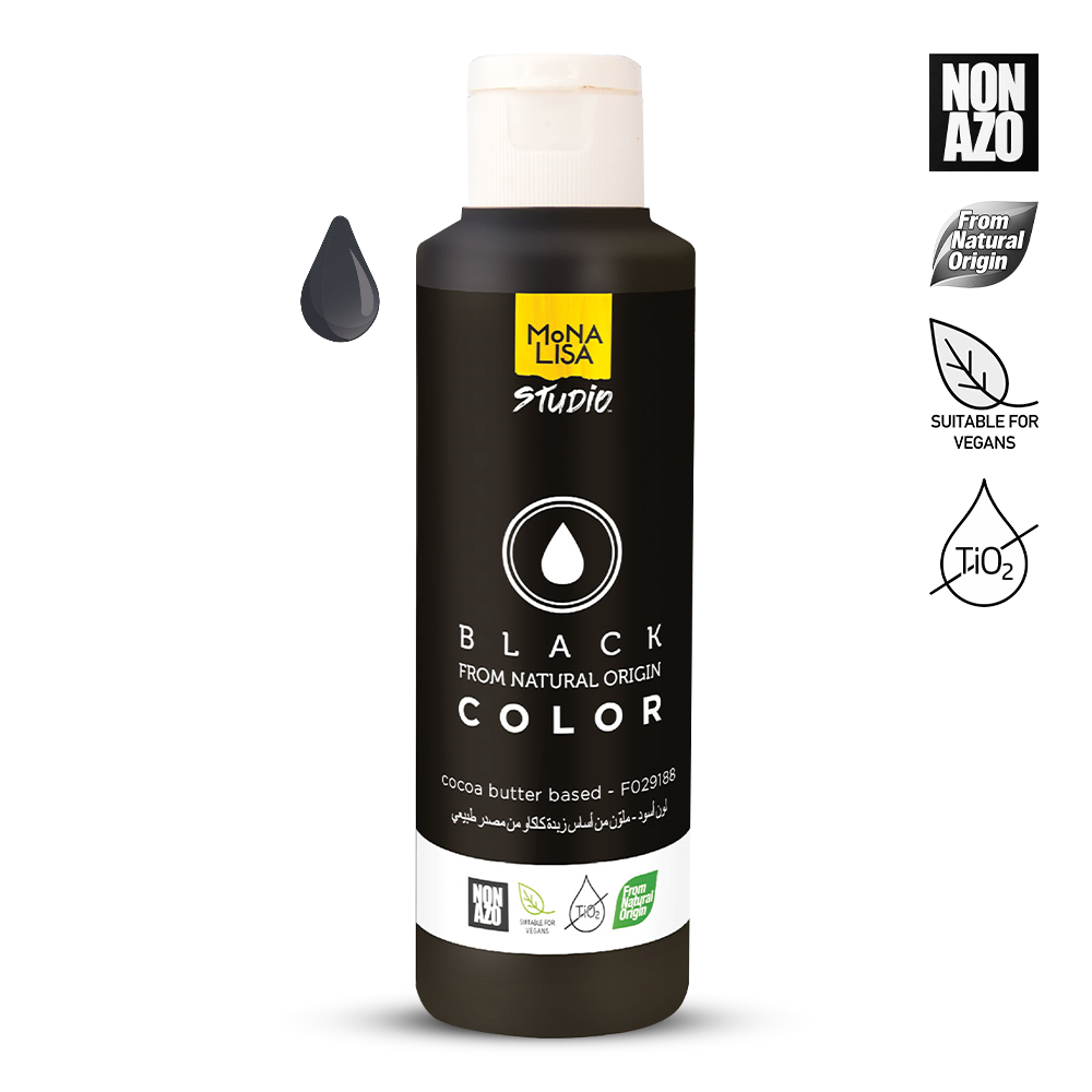 Bottle of Mona Lisa Studio black hair color with branding and certification logos on a white background