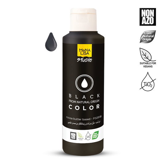 Bottle of Mona Lisa Studio black hair color with branding and certification logos on a white background