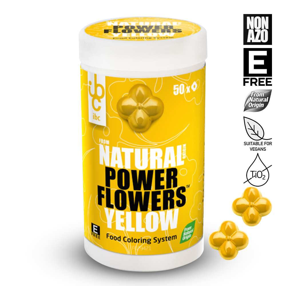 Container of Natural Power Flowers Yellow food coloring system with yellow flowers on a white background