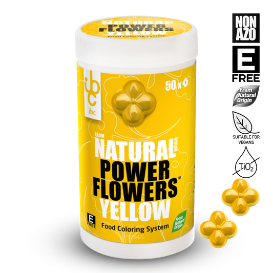 Container of Natural Power Flowers Yellow food coloring system with yellow flowers on a white background