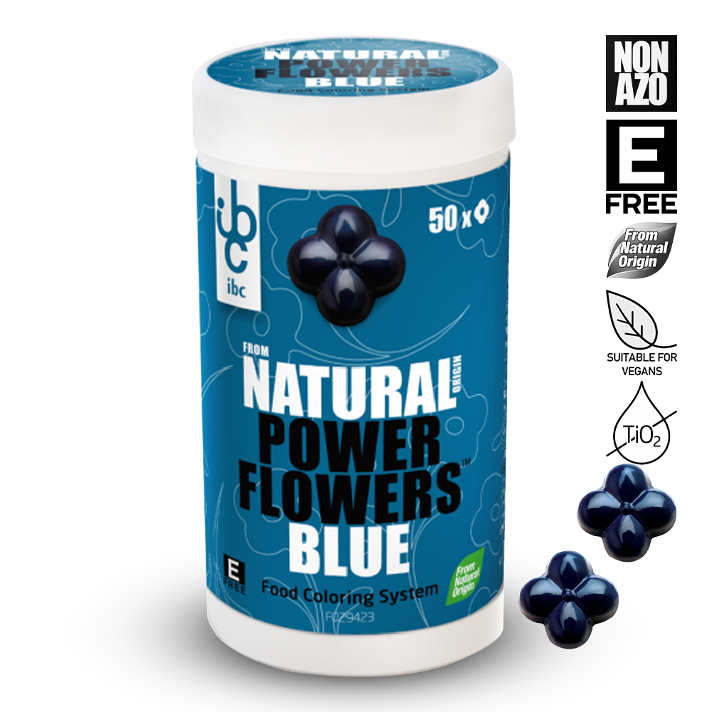 Container of Natural Power Flowers Blue food coloring system with blue packaging and white text.
