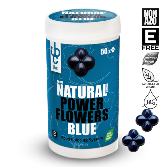 Container of Natural Power Flowers Blue food coloring system with blue packaging and white text.