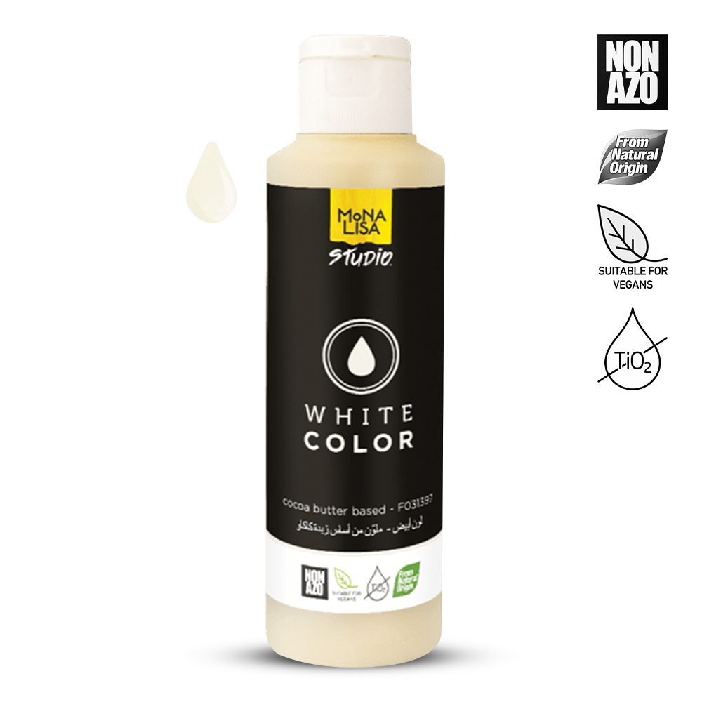 Bottle of Mona Lisa Studio white color with black label on a white background