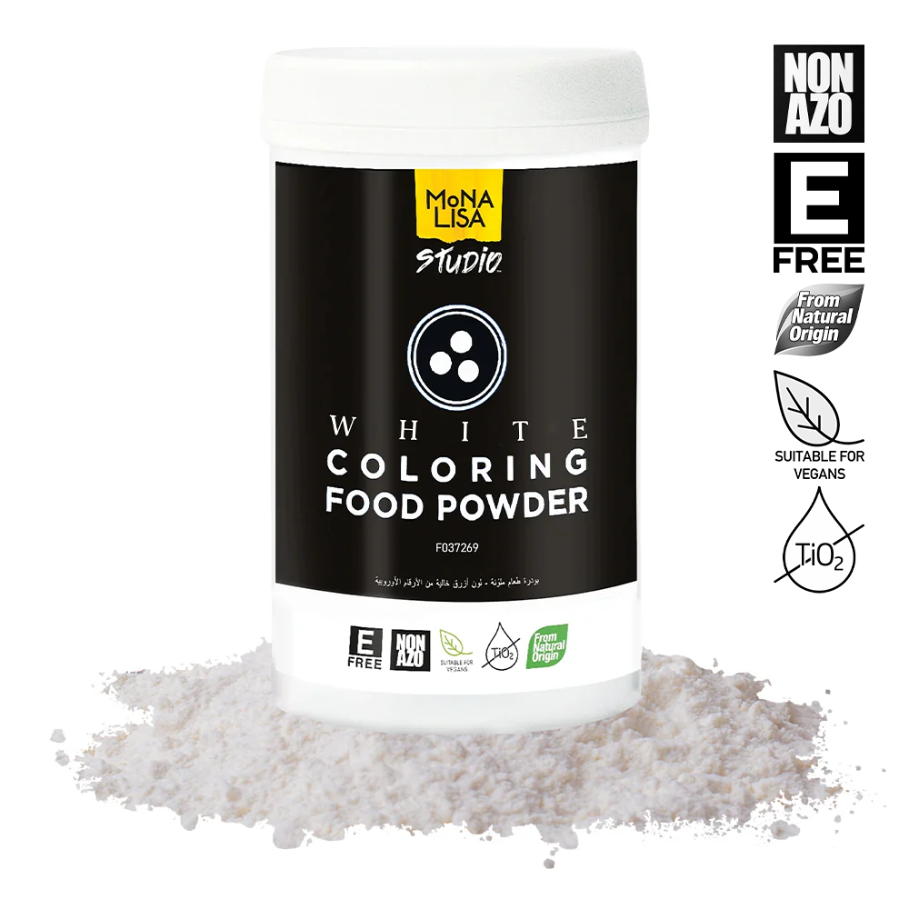 White coloring food powder container with visible powder on a white background