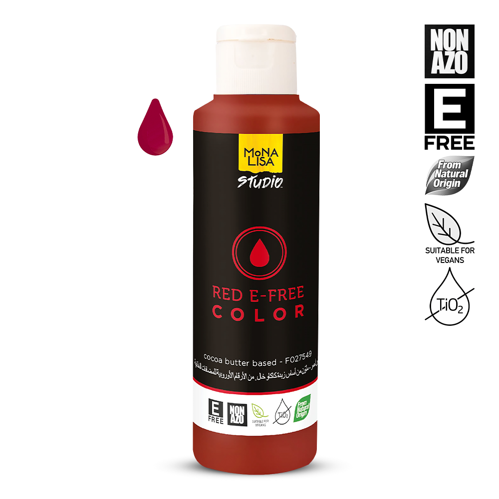 Bottle of Mona Lisa Studio Red E-Free Color with label details on a white background
