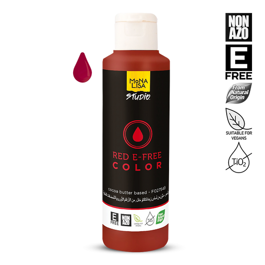 Bottle of Mona Lisa Studio Red E-Free Color with label details on a white background