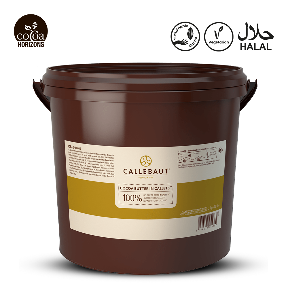 Brown container with WITH COCOA BUTTER CALLETS AND Callebaut label on a white background