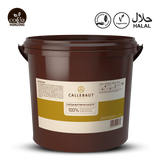 Brown container with WITH COCOA BUTTER CALLETS AND Callebaut label on a white background