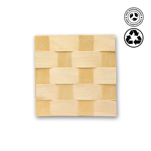 Bamboo woven product with compostable and recyclable icons on a white background