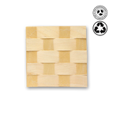 Bamboo woven product with compostable and recyclable icons on a white background