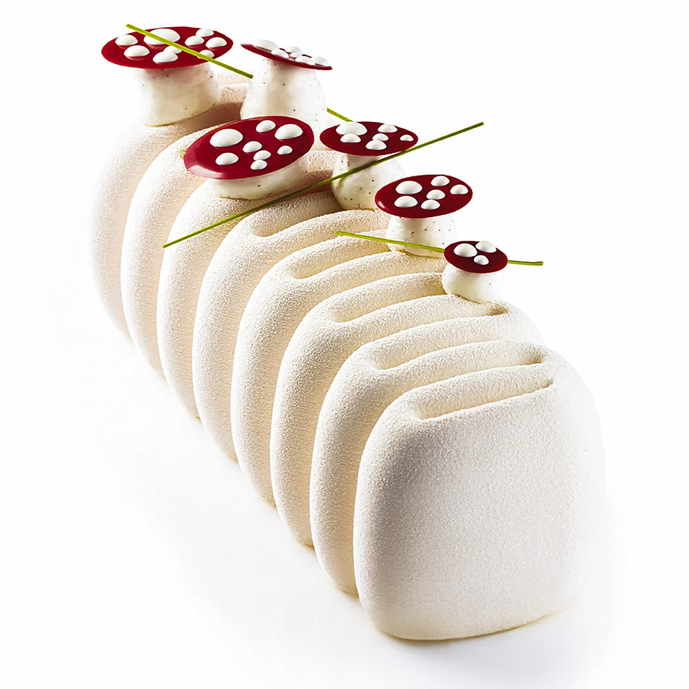 Row of white ceramic bowls with red and white mushroom-shaped lids on a white background