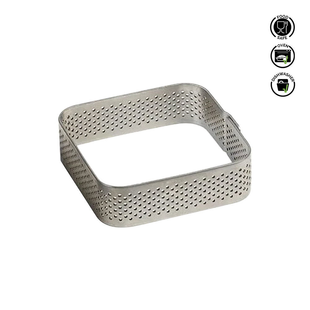 Metal perforated square basket on a white background with food safe and oven safe icons.Pavoni Rounded Edge Micro-Perforated Stainless Steel band XF01
A