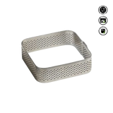 Metal perforated square basket on a white background with food safe and oven safe icons.Pavoni Rounded Edge Micro-Perforated Stainless Steel band XF01
A
