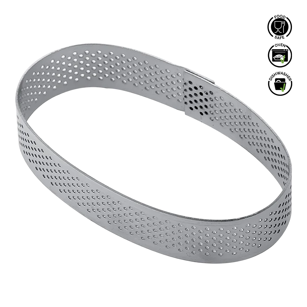 Gray metal ring with perforated design on a white background.Pavoni Oval Micro-Perforated Stainless Steel band
