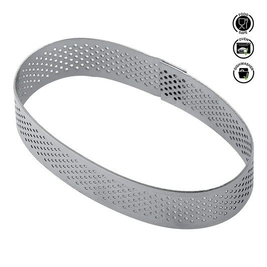 Gray metal ring with perforated design on a white background.Pavoni Oval Micro-Perforated Stainless Steel band

