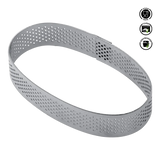 Gray metal ring with perforated design on a white background.Pavoni Oval Micro-Perforated Stainless Steel band
