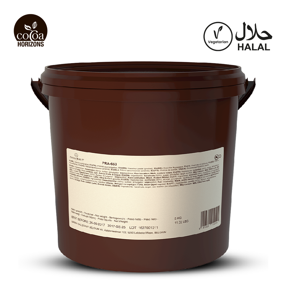 Brown container with a label on a white background, featuring 'Cocoa Horizons' and 'Halal' logos.