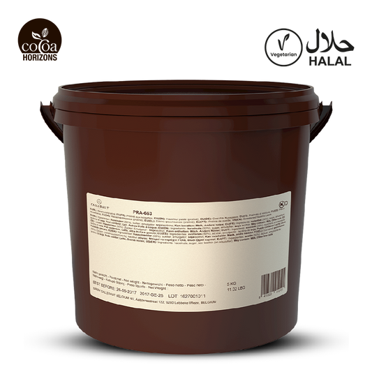 Brown container with a label on a white background, featuring 'Cocoa Horizons' and 'Halal' logos.