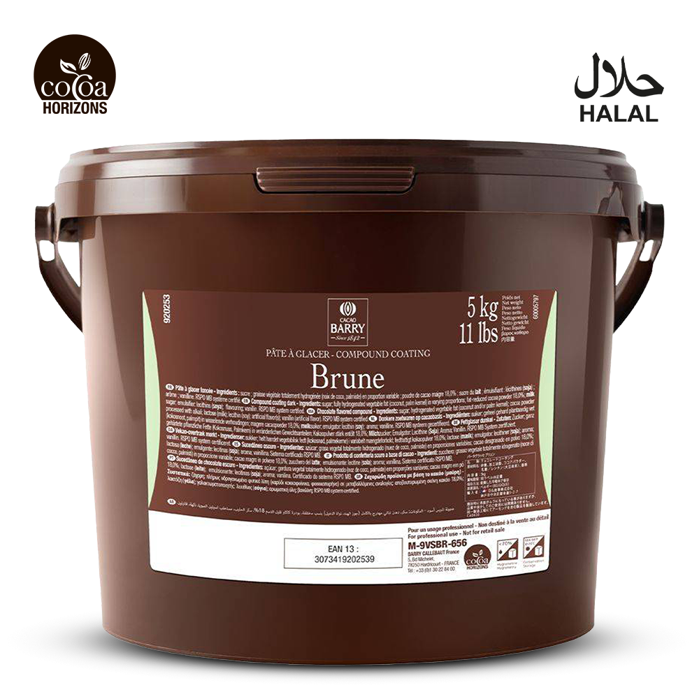 Brown bucket labeled 'Brune' with 'Cocoa Horizons' branding on a white background