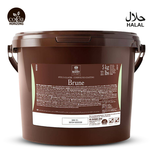 Brown bucket labeled 'Brune' with 'Cocoa Horizons' branding on a white background