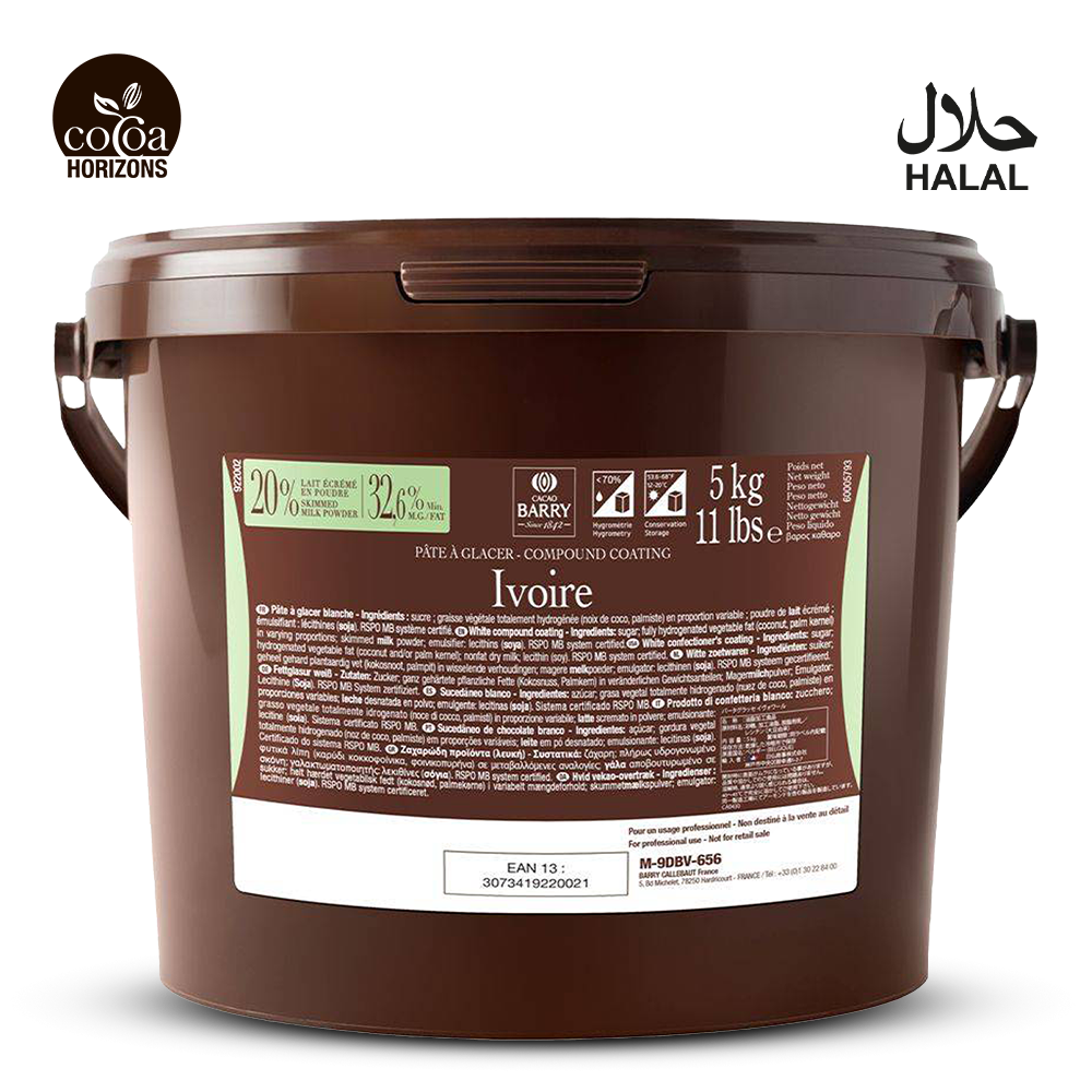Brown bucket with label on a white background, featuring 'Cocoa Horizons' branding.