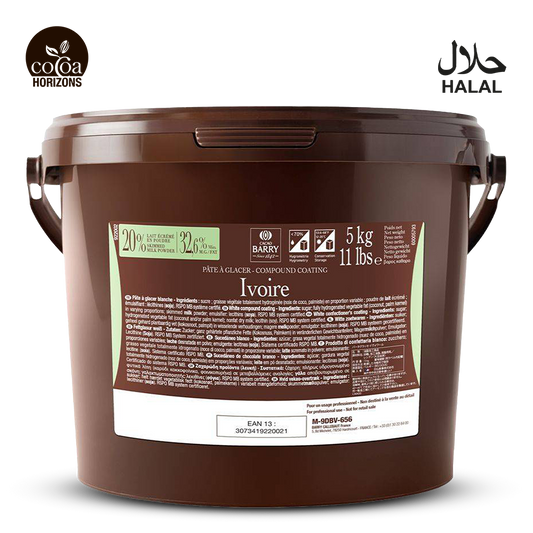 Brown bucket with label on a white background, featuring 'Cocoa Horizons' branding.