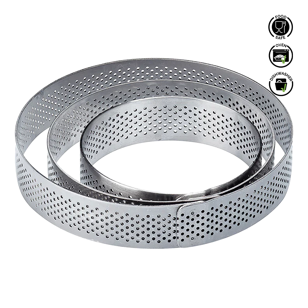 Metallic perforated ring on a white background with certification logos.