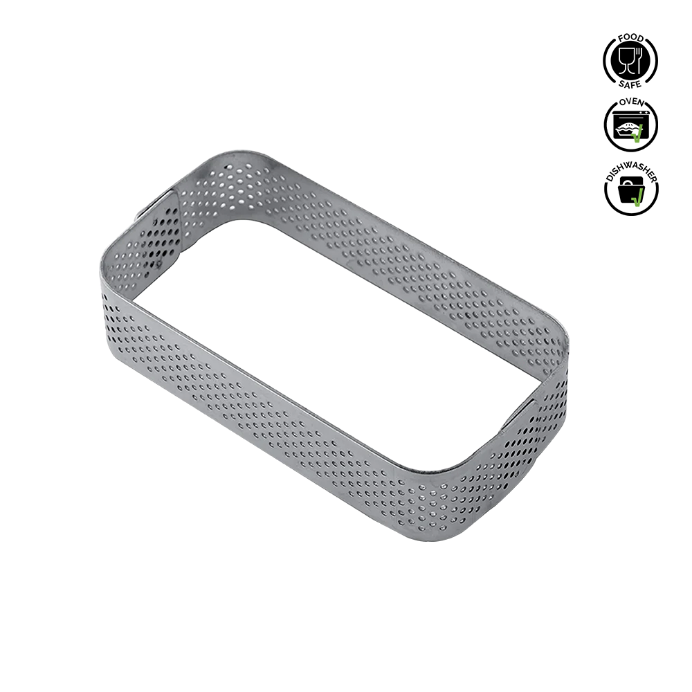 Rectangular metal grater on a white background with icons indicating food safe and dishwasher safe.Pavoni Rounded Edge Micro-Perforated Stainless Steel band
.