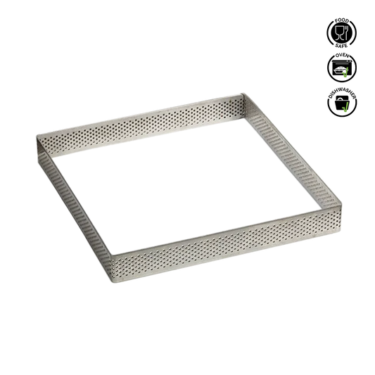 Metal baking tray with perforations on a white background.Pavoni Square Micro-Perforated Stainless Steel band