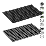 Two black perforated mats with safety icons on a white background