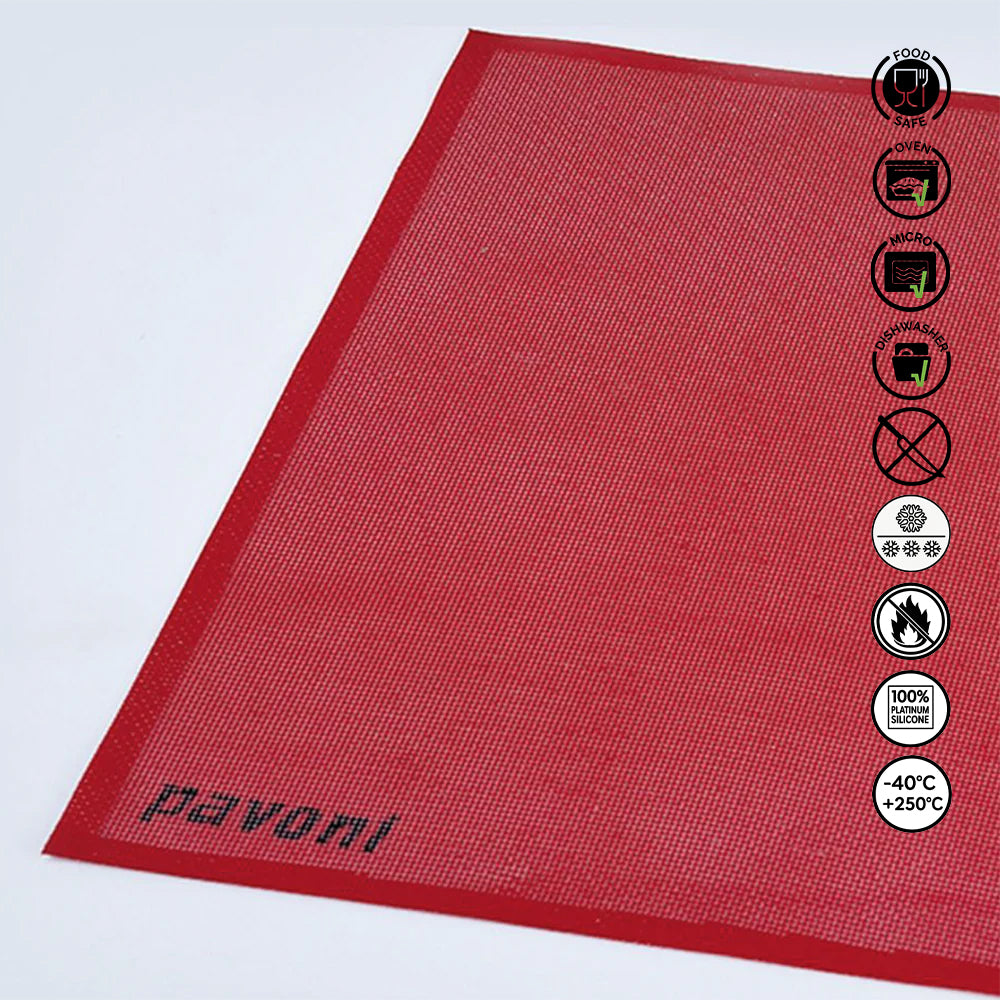 Red silicone mat with 'Pavoni' branding and safety icons on a white background