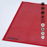Red silicone mat with 'Pavoni' branding and safety icons on a white background