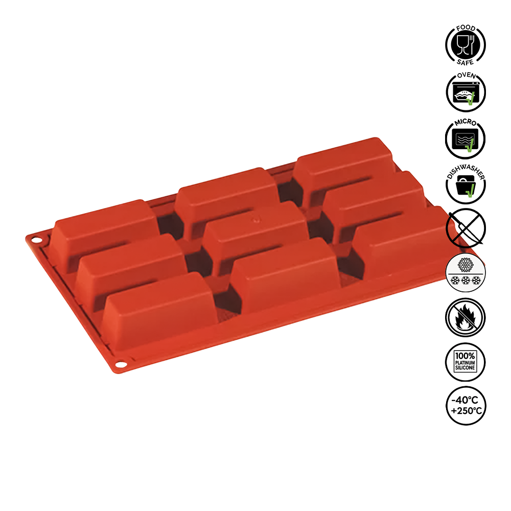 Red silicone mold with multiple compartments on a white background