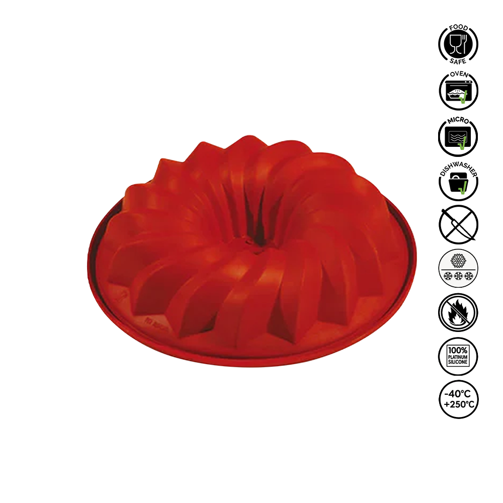 Red silicone bundt cake mold on a white background with safety icons.