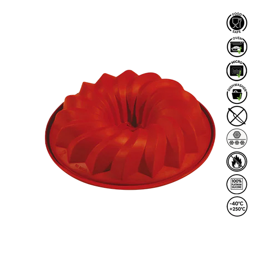 Red silicone bundt cake mold on a white background with safety icons.