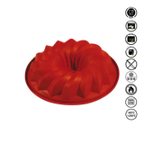 Red silicone bundt cake mold on a white background with safety icons.