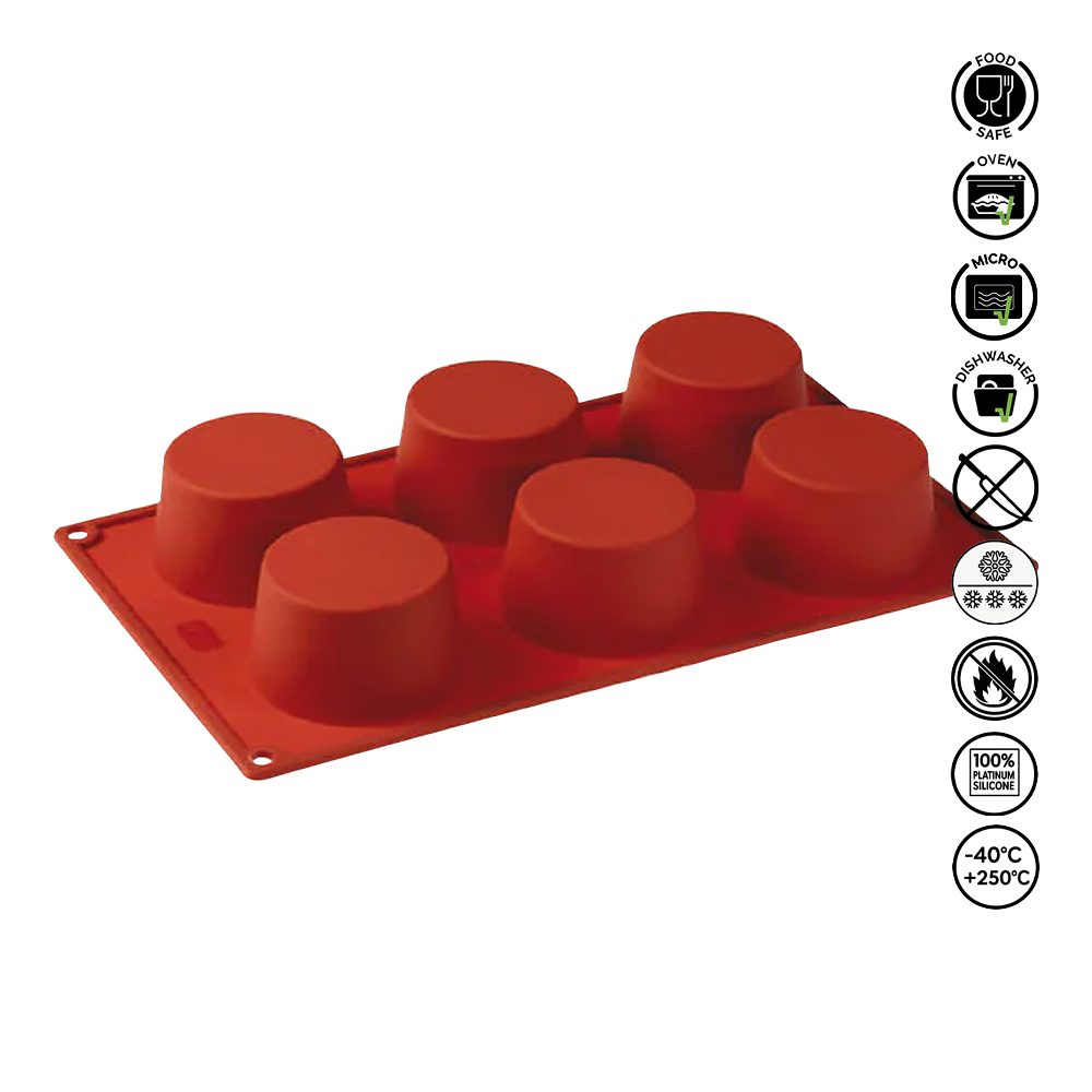 Red silicone mold with six cup-shaped cavities on a white background