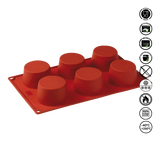 Red silicone mold with six cup-shaped cavities on a white background