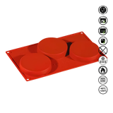 Red silicone mold with three round cavities on a white background