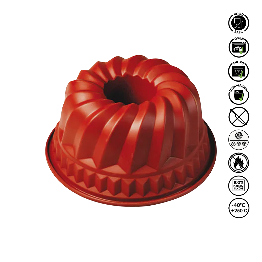 Red Bundt cake mold on a white background with safety icons.