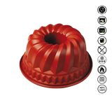 Red Bundt cake mold on a white background with safety icons.