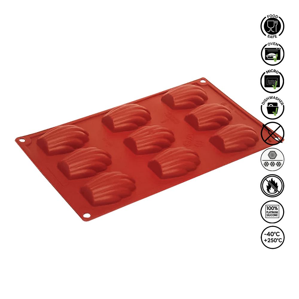 Red silicone mold with waffle cone shapes on a white background